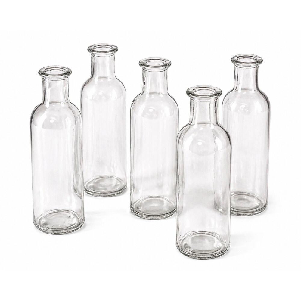 Glass Bud Vases Set of 5 Clear Apothecary Style Bottles Wedding Centerpiece 6.5”